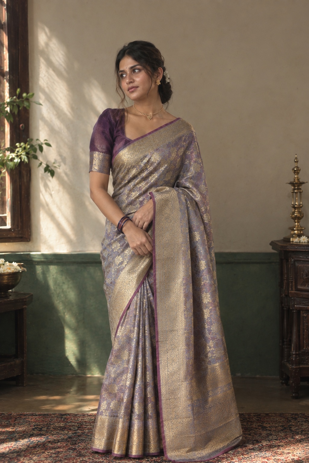 Lavender Gold Zari Silk Saree