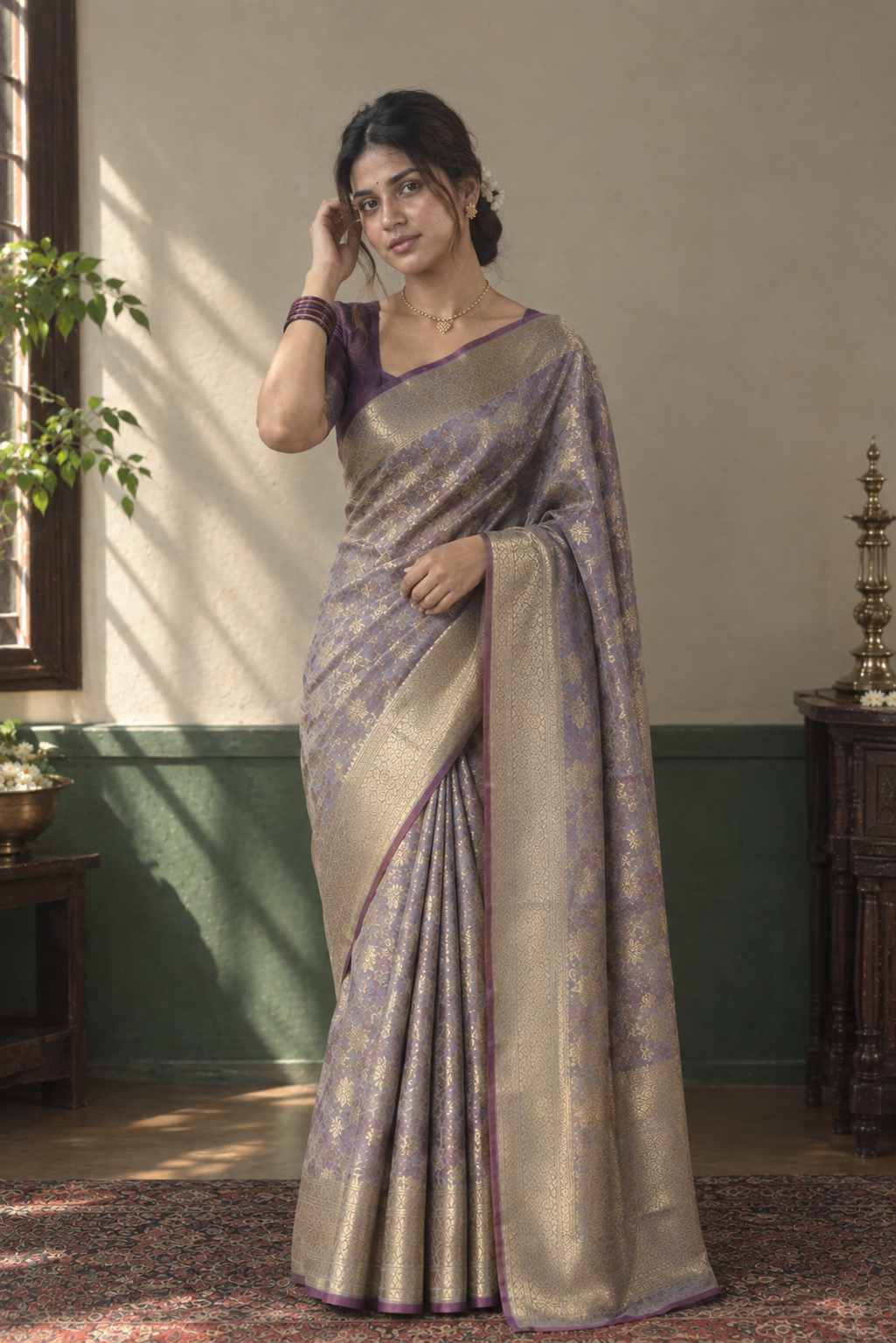 Lavender Gold Zari Silk Saree